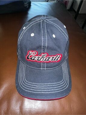 Carhartt Navy Cap with Orange Logo and White Stitching